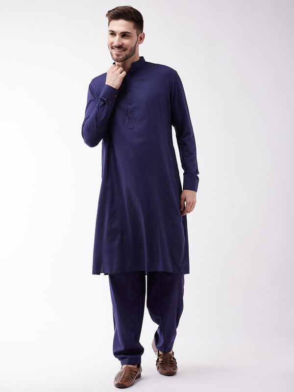 Men's Blue Cotton Blend Kurta and Pyjama Set